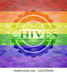 Chives emblem on mosaic background with the colors of the LGBT flag