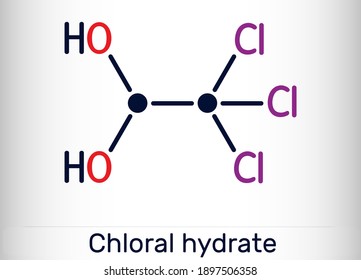 Chloral hydrate. geminal diol, anesthetic molecule. A synthetic monohydrate of chloral, hypnotic and sedative, anticonvulsive drug. Skeletal chemical formula. Vector illustration