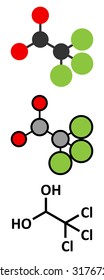 Chloral hydrate sedative and hypnotic drug molecule. Stylized 2D renderings and conventional skeletal formula. 