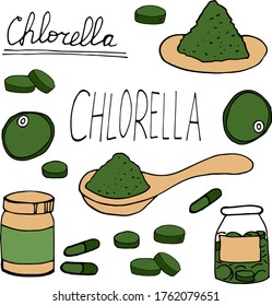 Chlorella hand drawn in doodle style. Set of elements for design, collection. super food, seaweed, algae, green, tablets, capsules, spoon powder