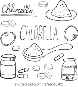 Chlorella hand drawn in doodle style. Set of elements for design, collection. super food, seaweed, algae, tablets, capsules, spoon powder monochrome
