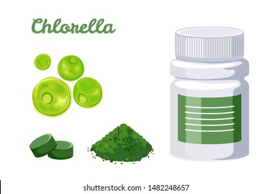 Chlorella superfood. Pills and healthy algae powder. Bottle of seaweed tablets isolated on white background. Vector illustration of healthy food in cartoon flat simple style.