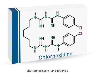 Chlorhexidine disinfectant and antiseptic drug molecule. Skeletal chemical formula. Paper packaging for drugs. Vector illustration 