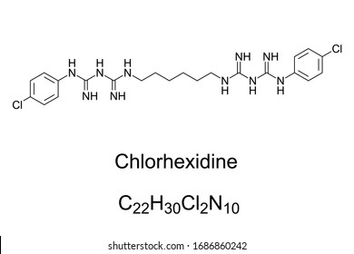 Chlorhexidine molecule skeletal formula. Structure of chlorhexidine gluconate, CHG, a disinfectant and antiseptic, to disinfect skin, cleaning wounds or preventing dental plaque. Illustration. Vector.