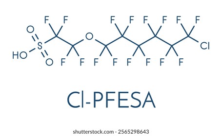 Chlorinated polyfluoroalkyl ether sulfonic acid (6:2 Cl-PFESA) PFAS class molecule. Skeletal formula.