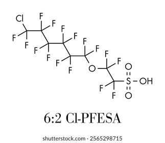 Chlorinated polyfluoroalkyl ether sulfonic acid (6:2 Cl-PFESA) PFAS class molecule. Skeletal formula.