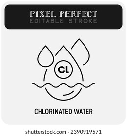 Agua clorada, purificación de agua, proceso de desinfección icono de línea delgada. Trazo editable. Ilustración vectorial.