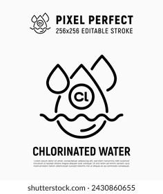 Chlorinated water, water purification, disinfection process thin line icon. Editable stroke. Vector illustration.