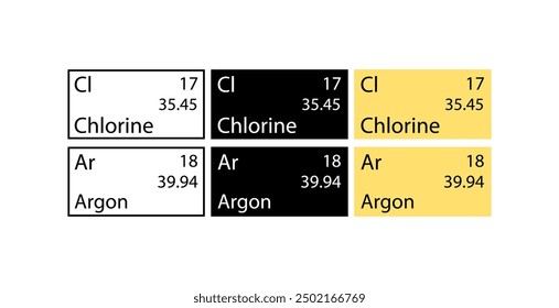 Chlorine and Argon icons set. Chemical element icons. Linear, silhouette and flat style. Vector icons.