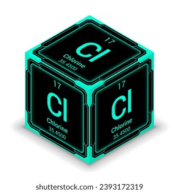 Chlorine (Cl) (017) - Fundamental Element Futuristic Cybernetic Cube Block Isometric View, Icon Isolated White Background, Periodic Table, Chemical Symbol, Name, Atomic Mass, Atomic Number