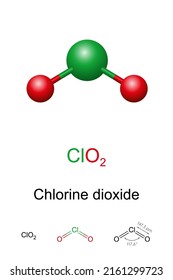 Chlorine dioxide, ball-and-stick model, molecular and chemical formula. Chemical compound with formula ClO2, known as Chlorine(IV) oxide. Used as a bleach and for disinfection (chlorination) of water.