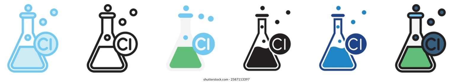 Chlorine Gas multi style, mini illustration icon. outline, flat, glyph, line color, UI, UX, app and web, digital or print. For education, research, chemistry.