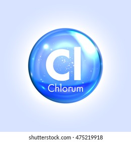 Chlorine mineral blue icon. Vector 3D glossy drop pill capsule  Chlorum Mineral and vitamin complex. Healthy life medical and dietary supplement