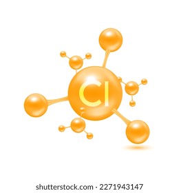 Chlormineralstoffe in Form von Atommolekülen gelb glänzend. Chlorsymbol 3D einzeln auf weißem Hintergrund. Mineralische Vitamine Komplex. Medizinisches und wissenschaftliches Konzept. Vektorgrafik EPS10.