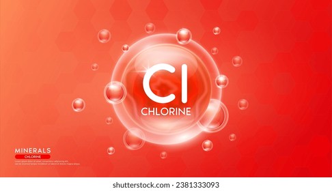 Minerales de cloro dentro de una burbuja roja flotando en el aire. Complemento esencial del complejo de vitaminas para la atención de la salud. Para nutrición alimentaria y medicina. Concepto científico médico. Vector 3D del cartel.