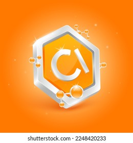 Chlorine minerals in pentagon orange shape with chemical atom molecule orbit around. 3D Logo label nutrition silver. Used for products food and medicine design. Science concepts. Isolated Vector.