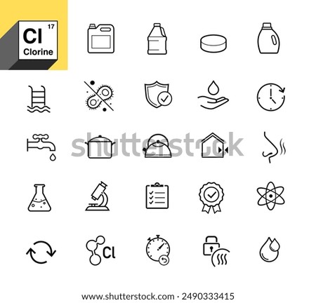 Chlorine and pool safety icon set. The outline icons are well scalable and editable. Contrasting elements are good for different backgrounds. EPS10.