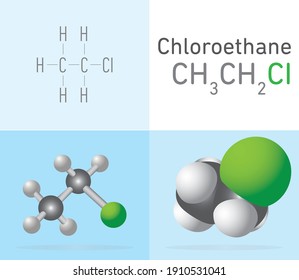 Gasmolekül des Chloroethans (CH3CH2CI). Zwei verschiedene Molekül-Modell und chemische Formel. Ball-, Stick- und Space-Füllmodell. Strukturelle chemische Formel und Molecule-Modell. Chemieunterricht