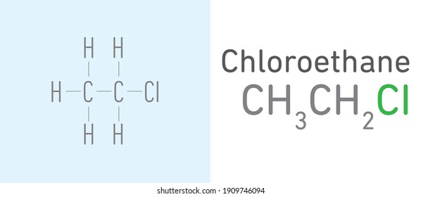 Chloroethane (CH3CH2CI) gas molecule.Stick model. Structural Chemical Formula. Chemistry Education