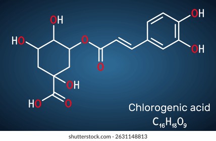 Chlorogenic acid molecule. Chemical structure of plant-based polyphenol antioxidant, dark blue background. Vector illustration