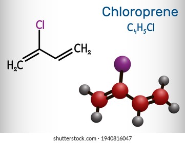 Chloroprene molecule. It is chloroolefin, used as monomer for polymer polychloroprene, a type of synthetic rubber, neoprene. Structural chemical formula and molecule model. Vector illustration