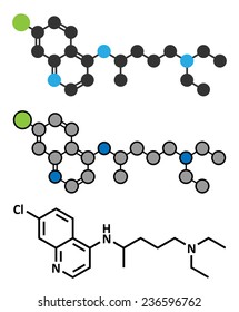 Chloroquine malaria drug molecule. Used to treat and prevent malaria. Also used for antiviral and immunosuppressant properties. Conventional skeletal formula and stylized representations.