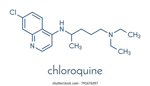 Chloroquine malaria drug molecule. Used to treat and prevent malaria. Also used for antiviral and immunosuppressant properties. Skeletal formula.