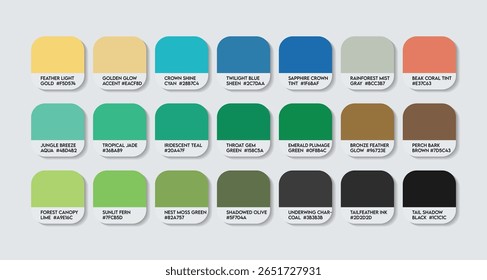 Chlorostilbon poortmani Color Palette. Chlorostilbon poortmani color Tone Swatch Chart with HEX Codes and Color Names. Short-tailed emerald Feather and Body Tones Variants. Green Colors Palette vector