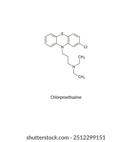 Estrutura molecular esquelética plana de clorproetazina Medicamento antipsicótico usado no tratamento de relaxantes musculares. Diagrama científico de ilustração vetorial.