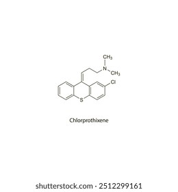 Chlorprothixene flat skeletal molecular structure Antipsychotic drug used in psychoses treatment. Vector illustration scientific diagram.