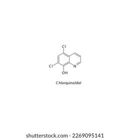 Chlorquinaldol flat skeletal molecular structure Antiprotozoal drug used in amoebiasis treatment. Vector illustration.