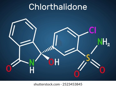 Chlorthalidon-Molekül. Es ist ein Diuretikum. Strukturelle chemische Formel, dunkelblauer Hintergrund. Vektorgrafik