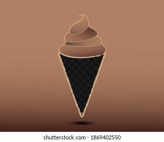 Choccolate ice cream with different soft brown choccolate layers in brown and black trim black charcoal waffle cone with drop shadow in brown background