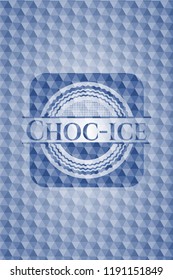 Choc-ice blue emblem with geometric pattern background.