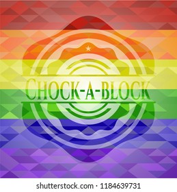 Chock-a-block emblem on mosaic background with the colors of the LGBT flag