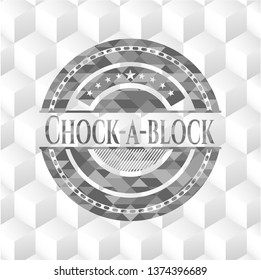 Chock-a-block grey badge with geometric cube white background