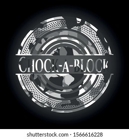 Chock-a-block grey camo emblem. Vector Illustration.