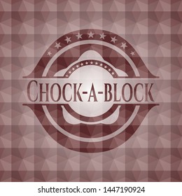 Chock-a-block red emblem with geometric background. Seamless.