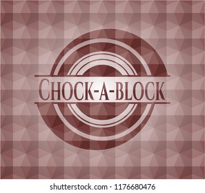 Chock-a-block red seamless emblem or badge with abstract geometric polygonal pattern background.