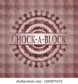 Chock-a-block red seamless emblem or badge with abstract geometric pattern background.