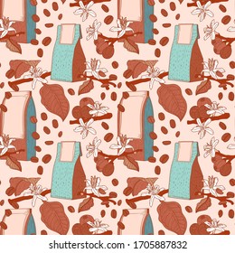 Choclate and mint colors seamless pattern with coffee packs, flowers and branches