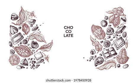 Choco border. Vector graphic cocoa fruit, beans, candy, sweets. Art sketch pattern. Aroma natural chocolate. Vintage design for sweet-shop, cafe