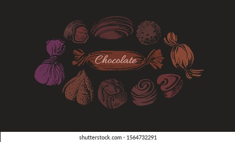 Choco candy in circle. Vector color old template on black background. Art shape, sugar sweet food. Graphic illustration for cafe, cooking class