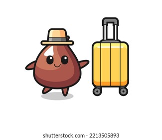 choco chip cartoon illustration with luggage on vacation , cute design