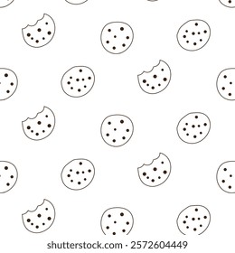 Choco chip cookies outline seamless pattern. Cute motifs for baby clothes, food and beverages background. hand drawing style.