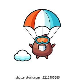 Choco-Chip-Maskottcartoon ist Skydiving mit glücklicher Geste, süßes Design