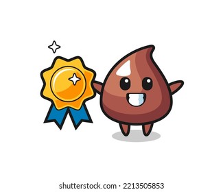 ilustración de mascota de choco chip sujetando una insignia dorada, diseño lindo