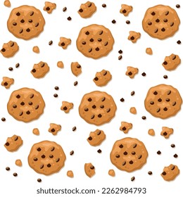 Choco chips cookies pattern. Vector seamless pattern. Seamless pattern and background for kitchen, cafe and bakery.