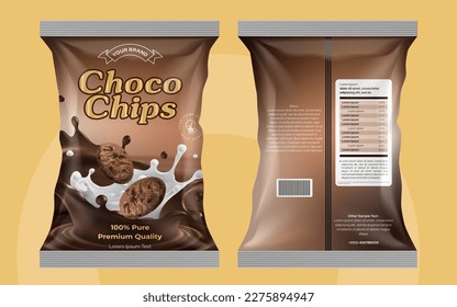 Diseño de bolsitas para chips de choco, diseño de etiquetas de galletas de chocolate, arte vectorial, diseño de empaque para galletas, paquete de alimentos de chocolate de chocolate, vector frontal editable archivo de alta calidad