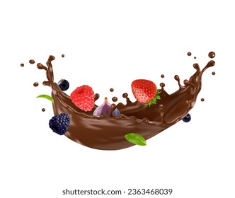 La crema de chocolate y la ola de la leche de chocolate se salpican con bayas, fondo vectorial realista. Frambuesa, fresa, mora negra y grosella negra con higos en chocolate de leche salpicando olas largas o vertido